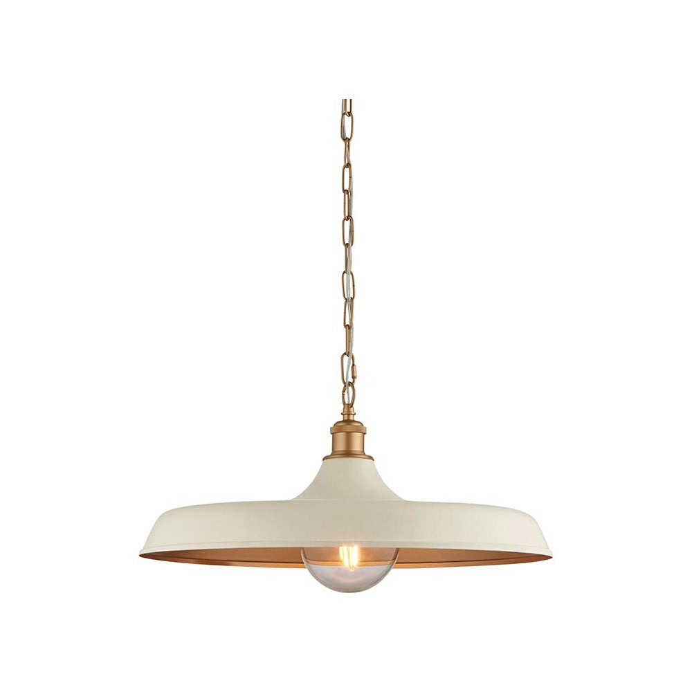 Denhollow mid century pendant light by Lighting No.1 with a wide shallow matt warm white dome, satin gold interior and chain suspension on a white background.