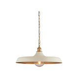 Denhollow mid century pendant light by Lighting No.1 with a wide shallow matt warm white dome, satin gold interior and chain suspension on a white background.