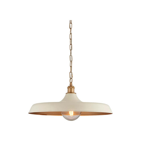 Denhollow mid century pendant light by Lighting No.1 with a wide shallow matt warm white dome, satin gold interior and chain suspension on a white background.