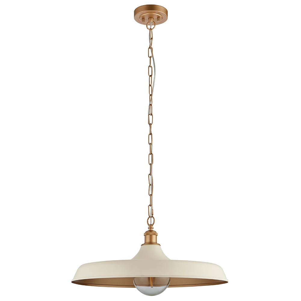 Denhollow Warm Mid Century pendant light by Lighting No.1 with a wide shallow off-white dome, satin gold interior and chain suspension on a white background.