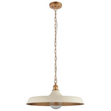 Denhollow Warm Mid Century pendant light by Lighting No.1 with a wide shallow off-white dome, satin gold interior and chain suspension on a white background.