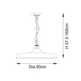 Dimension diagram of the Denhollow Mid Century pendant light showing 50cm diameter dome and adjustable height of 37.5 to 169cm.