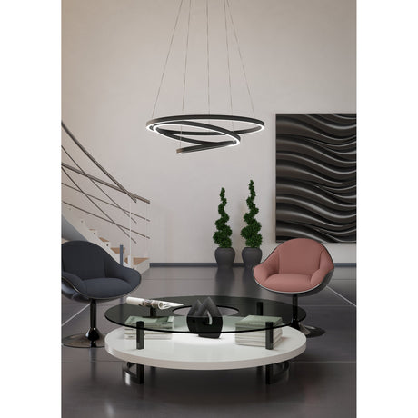 Lobinero Smart Pendant Light in black, three tilted LED rings suspended from fine wires above a round glass and white coffee table in a modern living room.