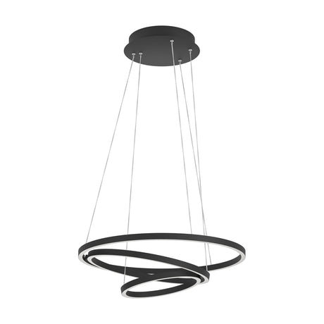 Black Lobinero Smart Pendant Light with three offset tilted aluminium and steel rings, white LED diffuser, suspended from a round ceiling canopy on fine wires.