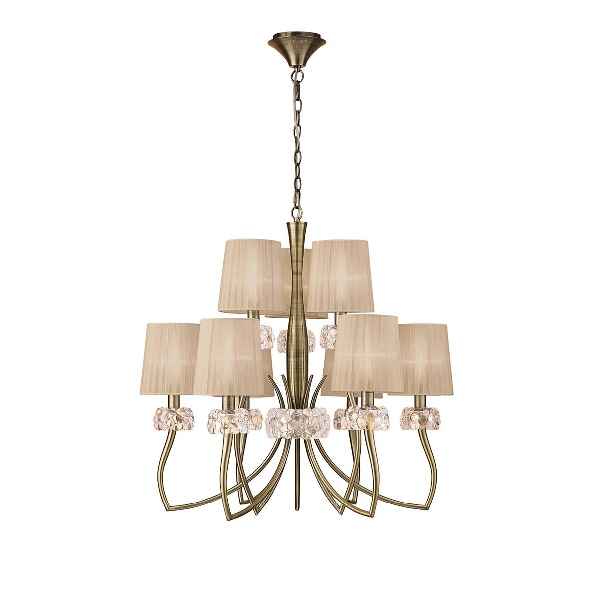 Loewe 75cm 2 Tier 9 Light Chandelier - Brass With Bronze Shades