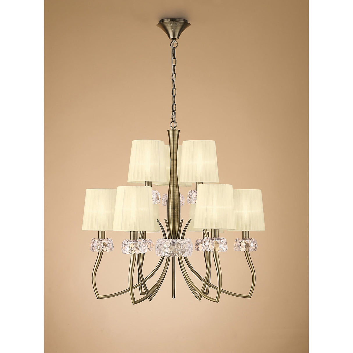 Loewe 75cm 2 Tier 9 Light Chandelier - Brass With Cream Shades