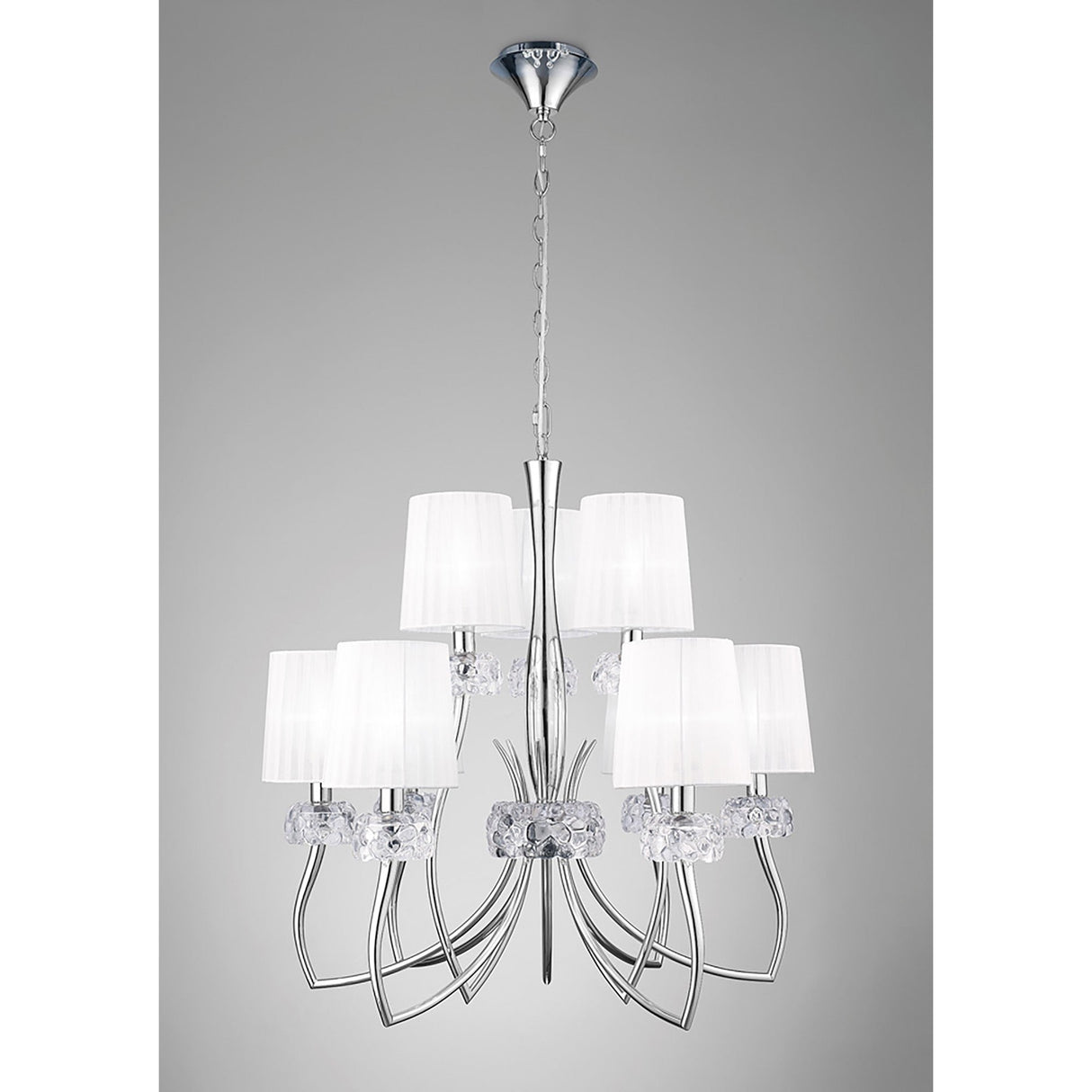 Loewe 2 Tier 9 Light Chandelier - Polished Chrome With White Shades