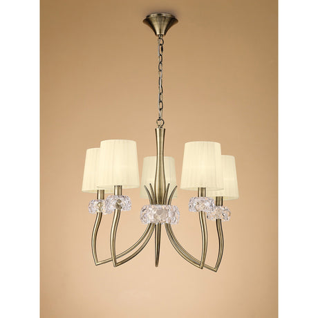 Loewe 66cm 5 Light Chandelier - Antique Brass With Cream Shades