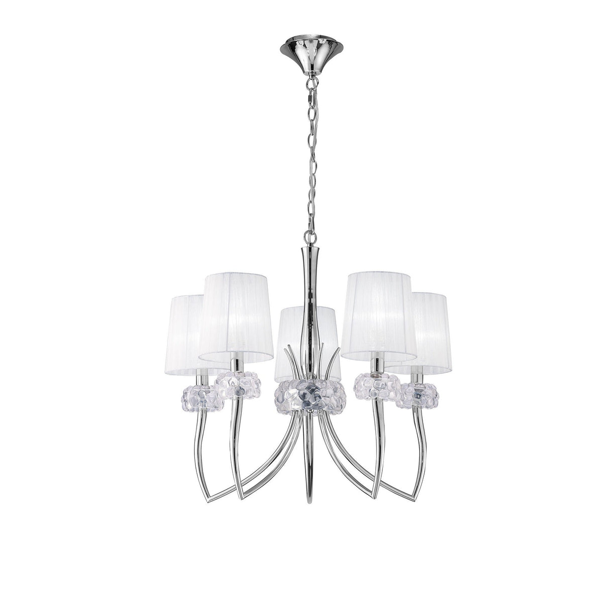 Loewe 5 Light Chandelier - Polished Chrome With White Shades