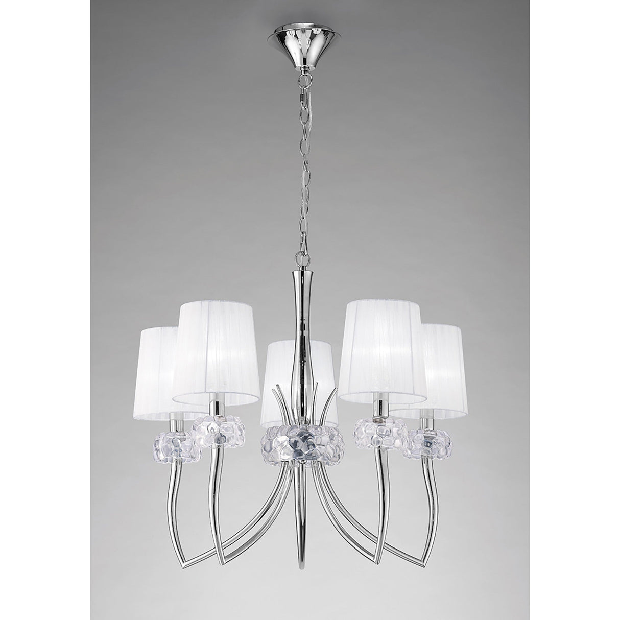 Loewe 5 Light Chandelier - Polished Chrome With White Shades