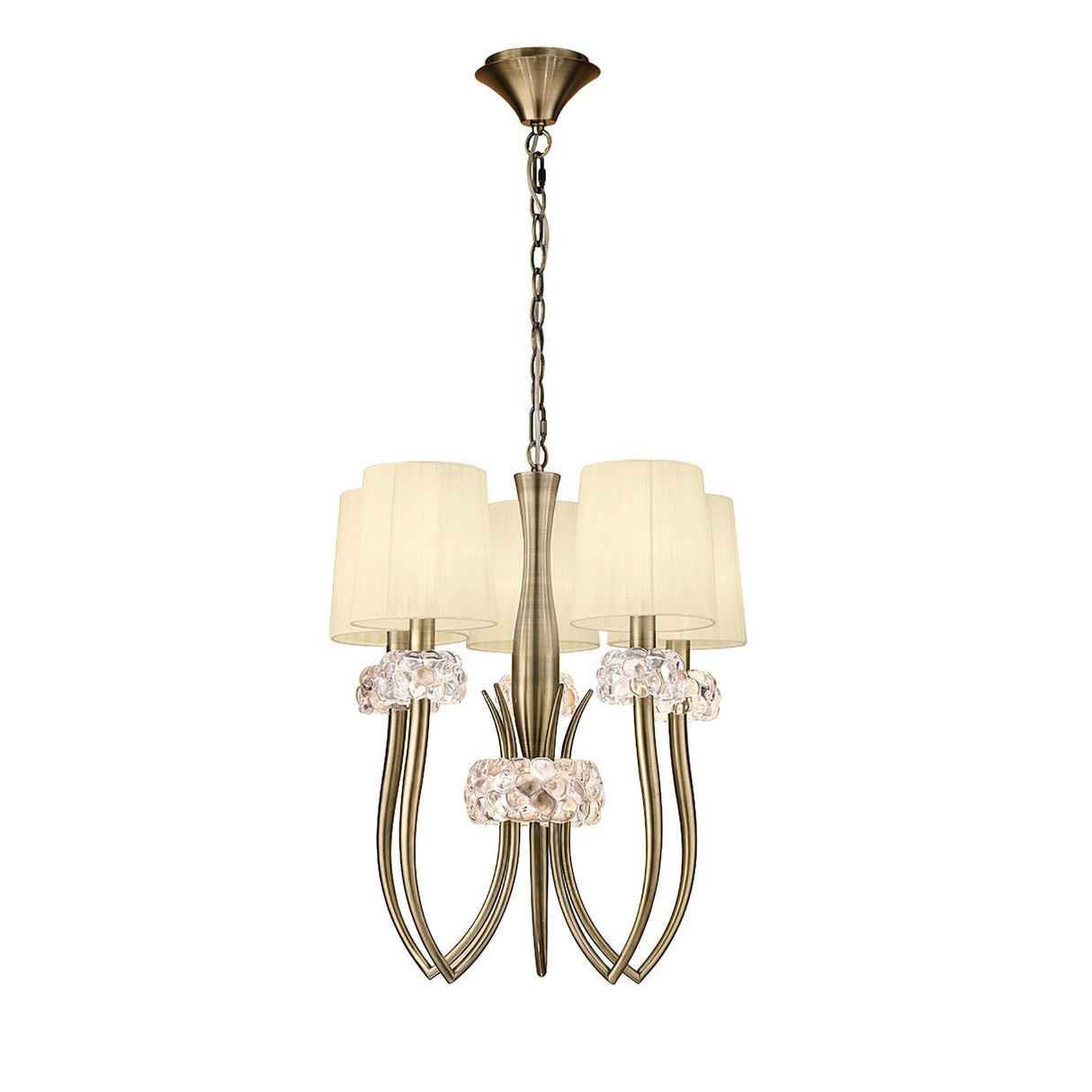 Loewe 50cm Slim 5 Light Chandelier - Antique Brass With Cream Shades