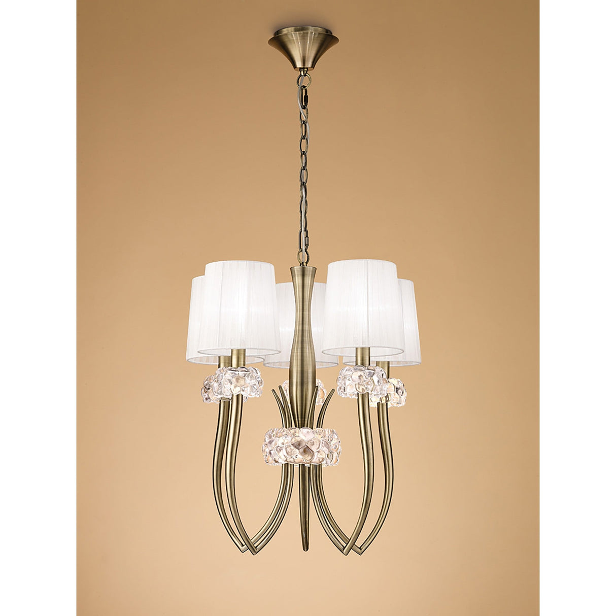 Loewe 50cm Slim 5 Light Chandelier - Antique Brass With White Shades