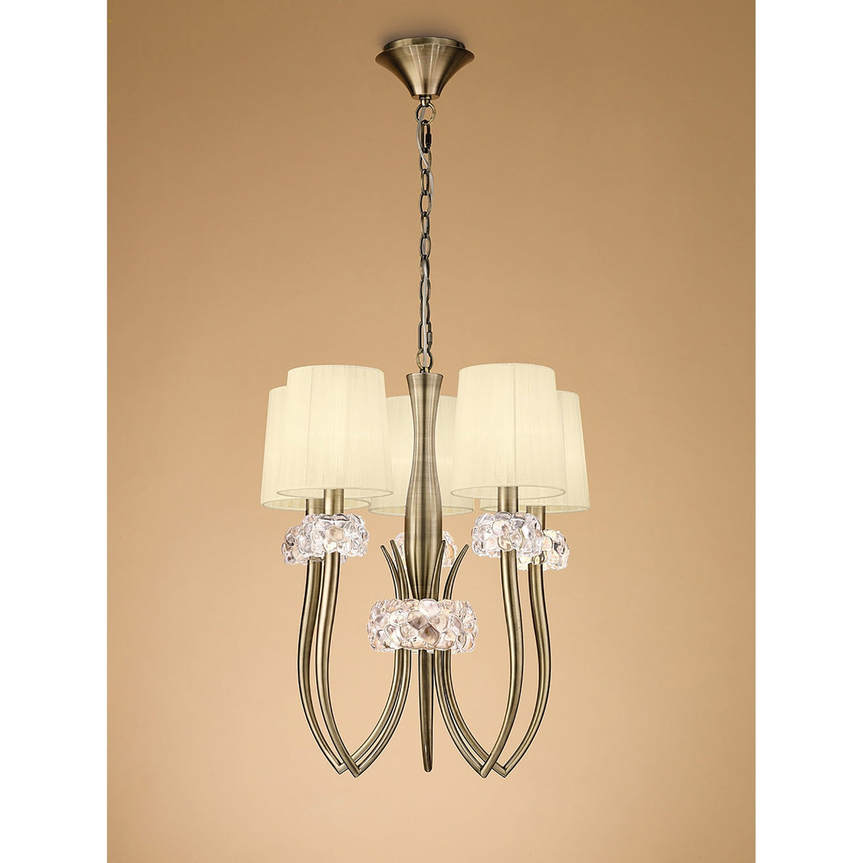 Loewe 50cm Slim 5 Light Chandelier - Antique Brass With Cream Shades