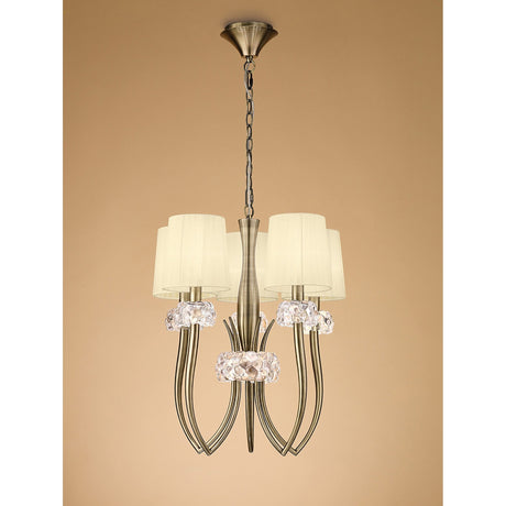 Loewe 50cm Slim 5 Light Chandelier - Antique Brass With Cream Shades
