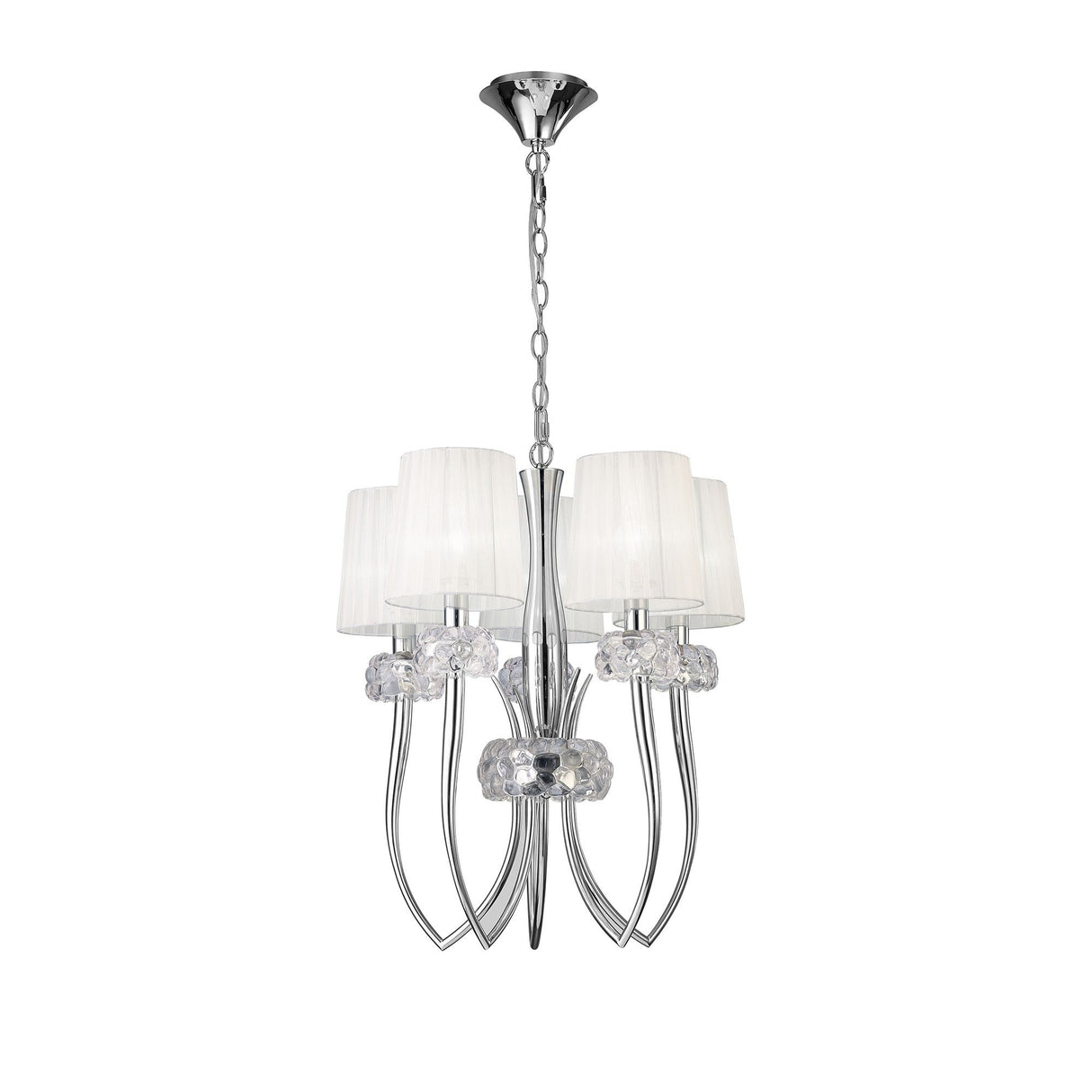 Loewe Slim 5 Light Chandelier - Polished Chrome With White Shades