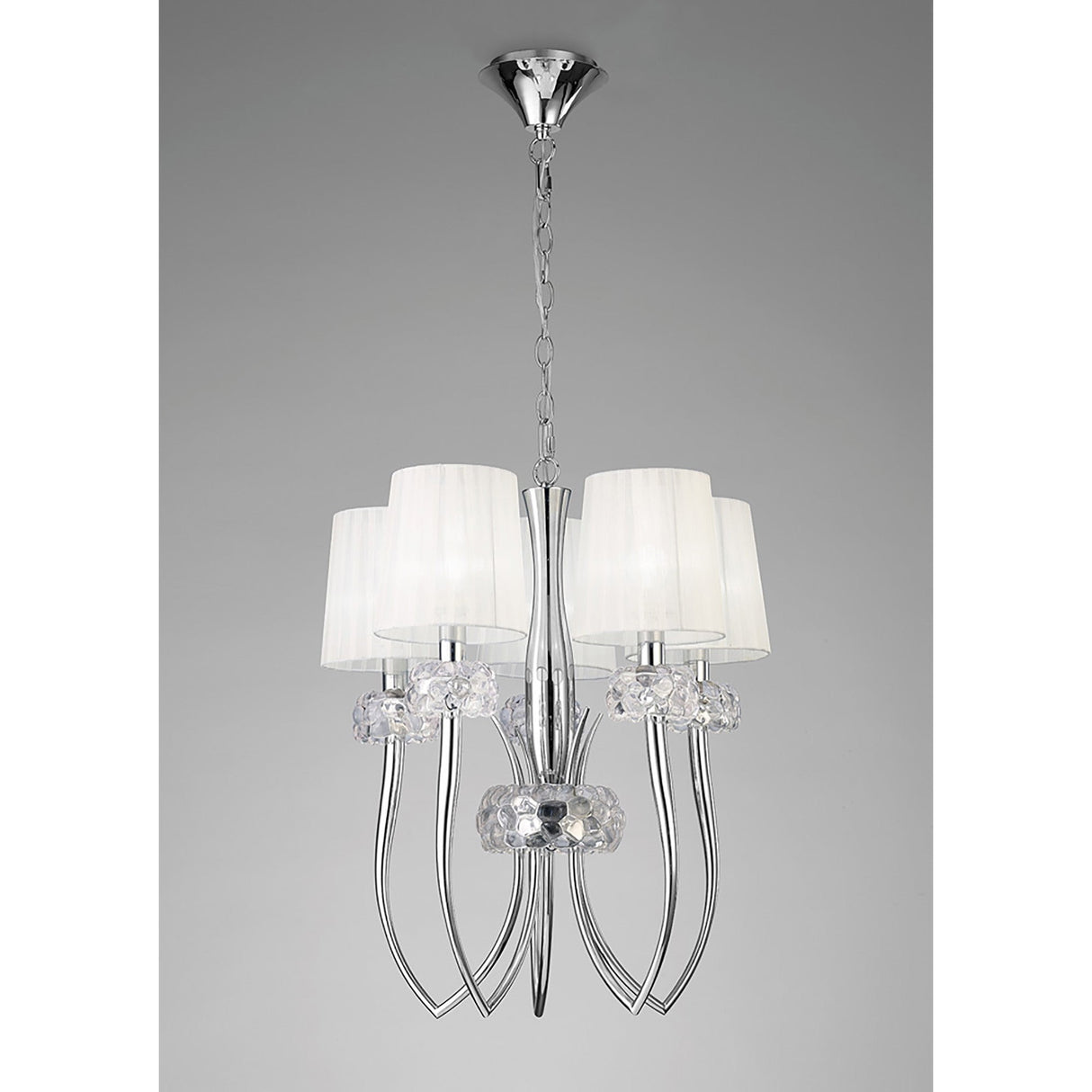 Loewe Slim 5 Light Chandelier - Polished Chrome With White Shades