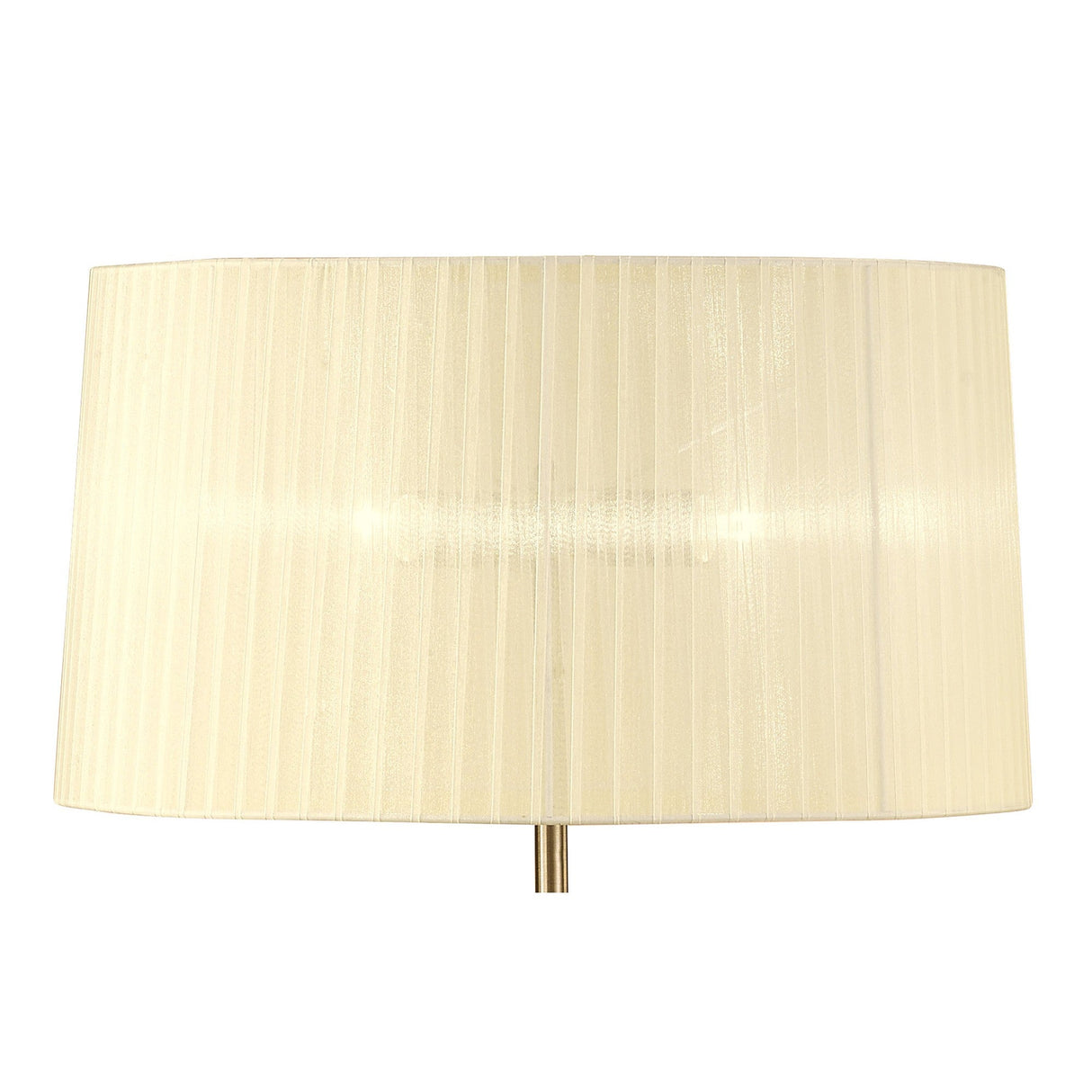 The Loewe 3 Light Floor Lamp features a brass stand and a cylindrical cream shade with subtle vertical stripes, shown against a white background. The thin brass stand is minimally visible beneath the elegant lampshade.