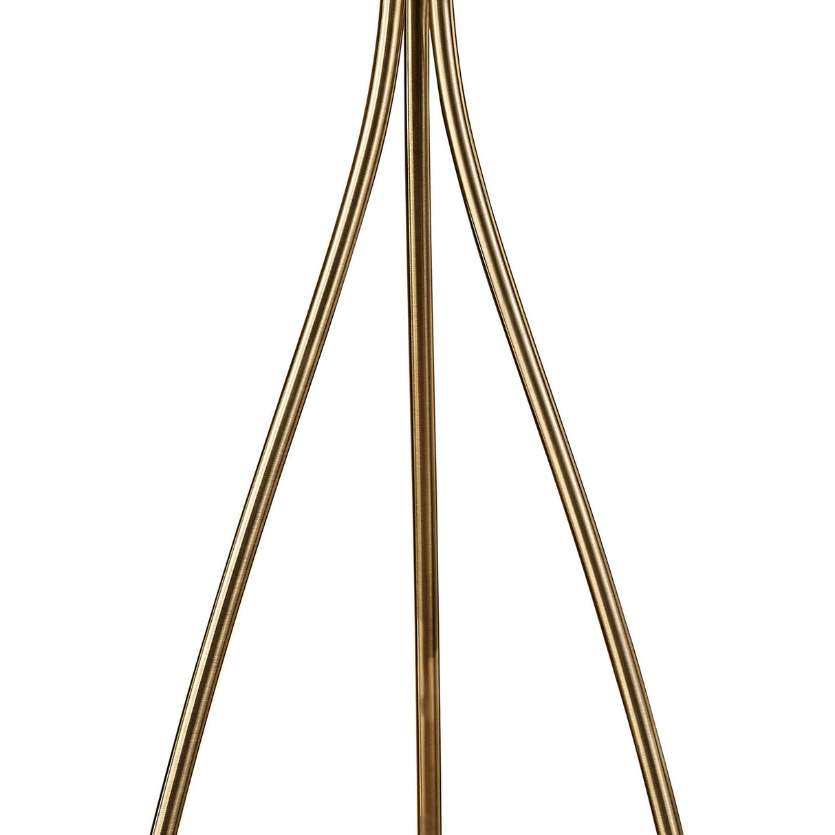 Close-up of three slender, curved brass rods converging at the top against a white background, highlighting the elegant design of the Loewe 3 Light Floor Lamp - Brass With Soft Bronze Shade.