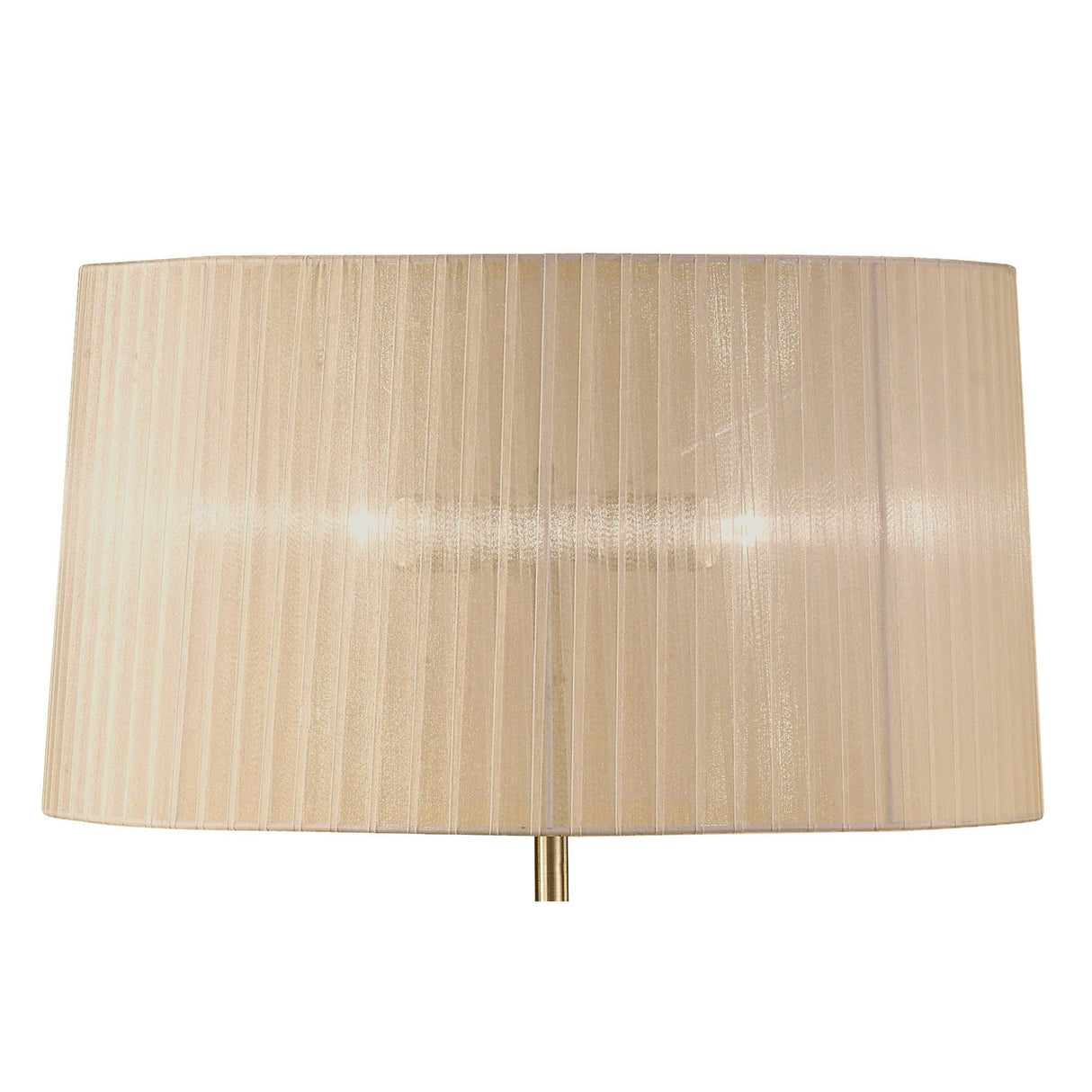 The Loewe 3 Light Floor Lamp features a brass base topped with a soft bronze, pleated cylindrical shade, shown against a white background.