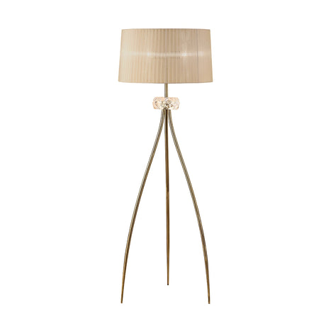 The Loewe 3 Light Floor Lamp features a brass finish with a soft bronze shade, three slender metal legs, and a stylish design that adds elegance to any room.