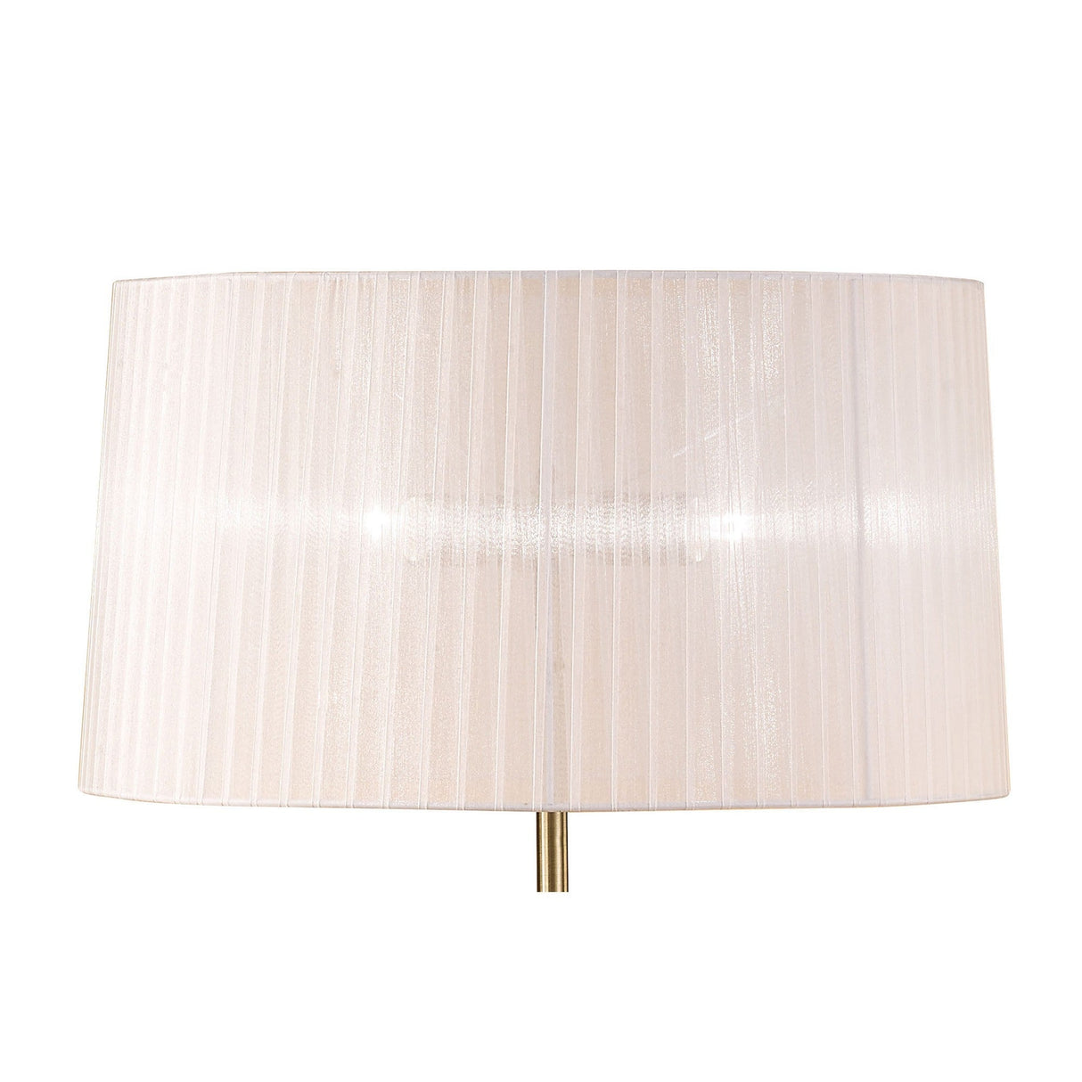 A close-up of the Loewe 3 Light Floor Lamp, featuring a slim brass base and a cylindrical white pleated shade, against a plain white background.