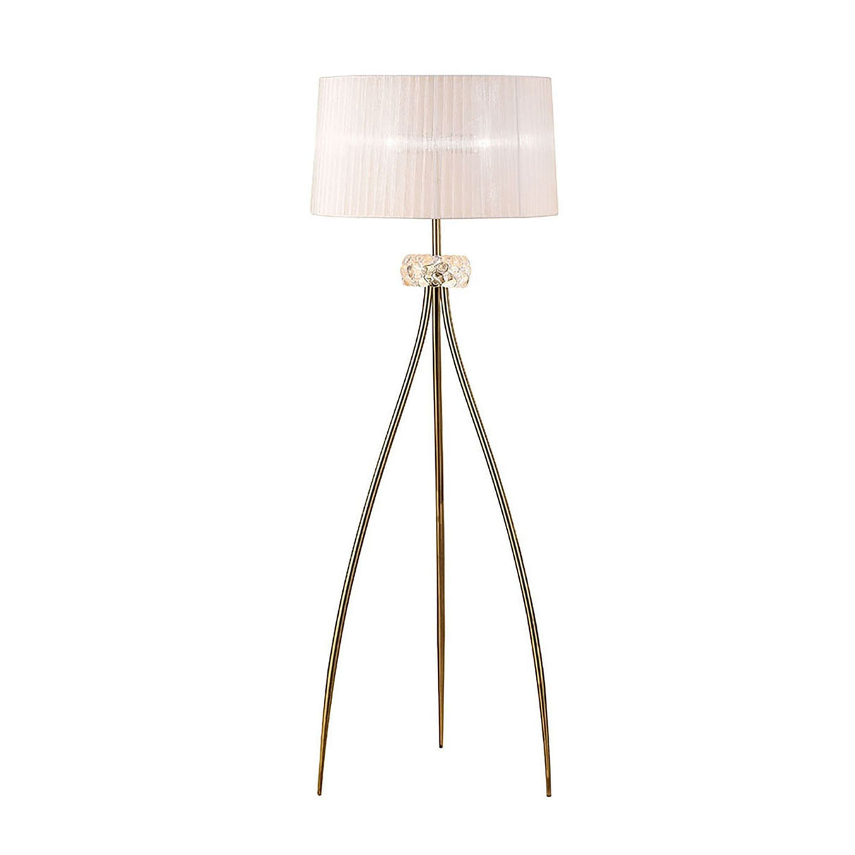 The Loewe 3 Light Floor Lamp features a modern brass finish, a white pleated drum shade, and three slender tripod legs with a glass accent below the shade—ideal for adding elegant interior lighting to any space.