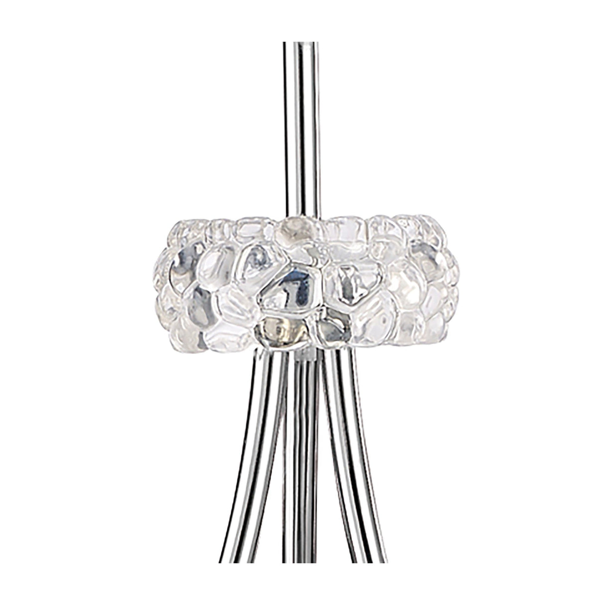 The Loewe 3 Light Floor Lamp features sleek vertical chrome rods and a cream shade, creating a sculptural design that delivers beautiful ambient lighting. Shown against a plain white background.