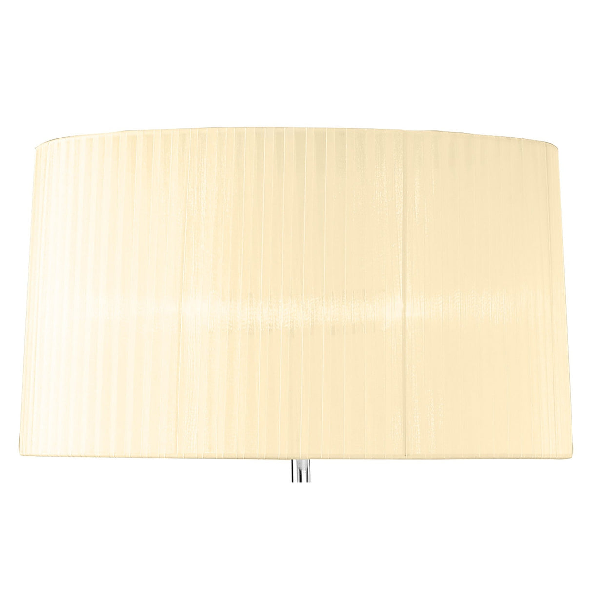 A close-up of the Loewe 3 Light Floor Lamp’s cream cylindrical shade with subtle vertical lines, highlighting its sculptural chrome design, set against a white background.