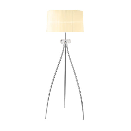 The Loewe 3 Light Floor Lamp features a modern chrome base with three slender, curved legs joined at a clear central support and is topped with a cream pleated shade. Lamp pictured against a plain white background.