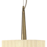 Close-up of the Mantra Loewe pendant light showing the tapered antique brass stem and top of a cream pleated organza shade against a white background.