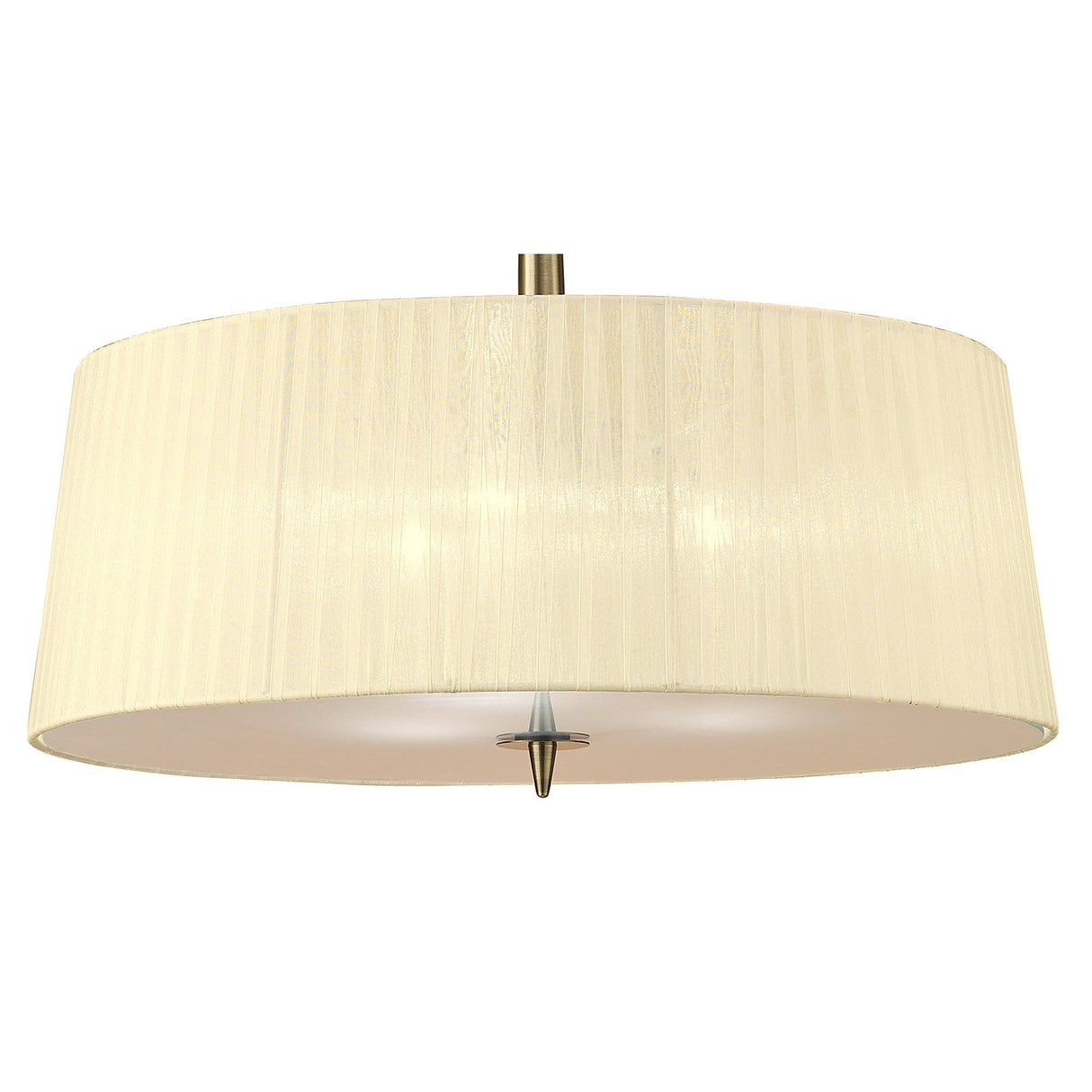 Mantra Loewe 3 light pendant with cream pleated organza drum shade and antique brass stem, viewed from below showing diffuser and finial.