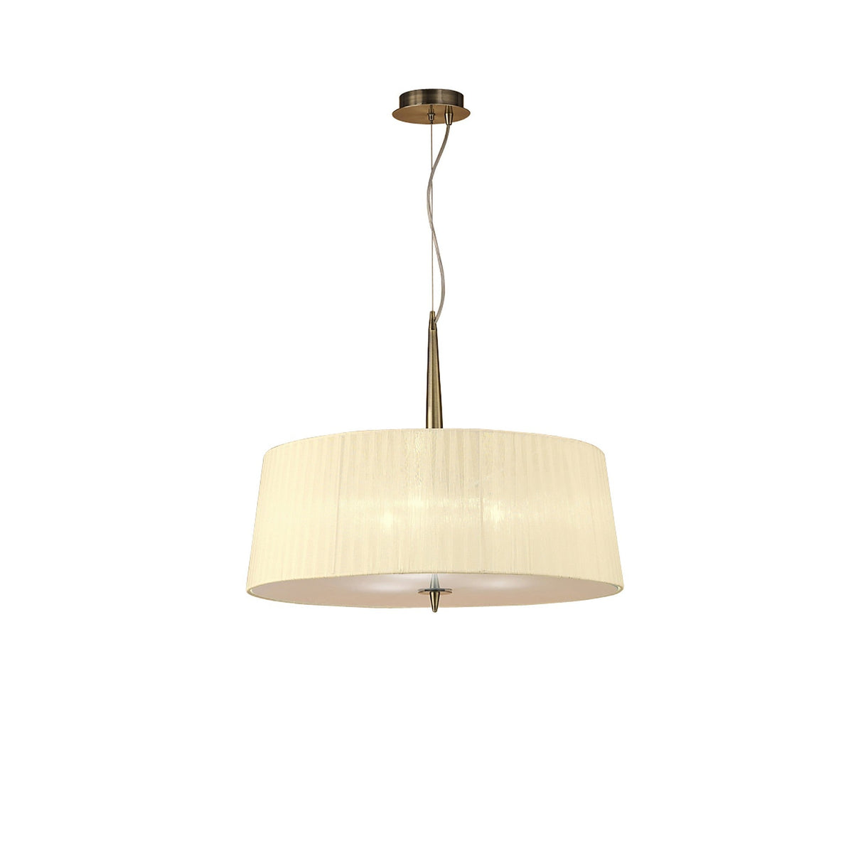 Mantra Loewe 3 light pendant with antique brass stem and canopy and a wide cream pleated fabric drum shade, shown on a plain white background.