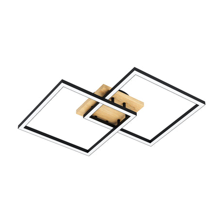 Lomaltas Smart LED flush ceiling light with two overlapping black square frames, white diffuser edges and a brown wood base, shown on a plain white background.
