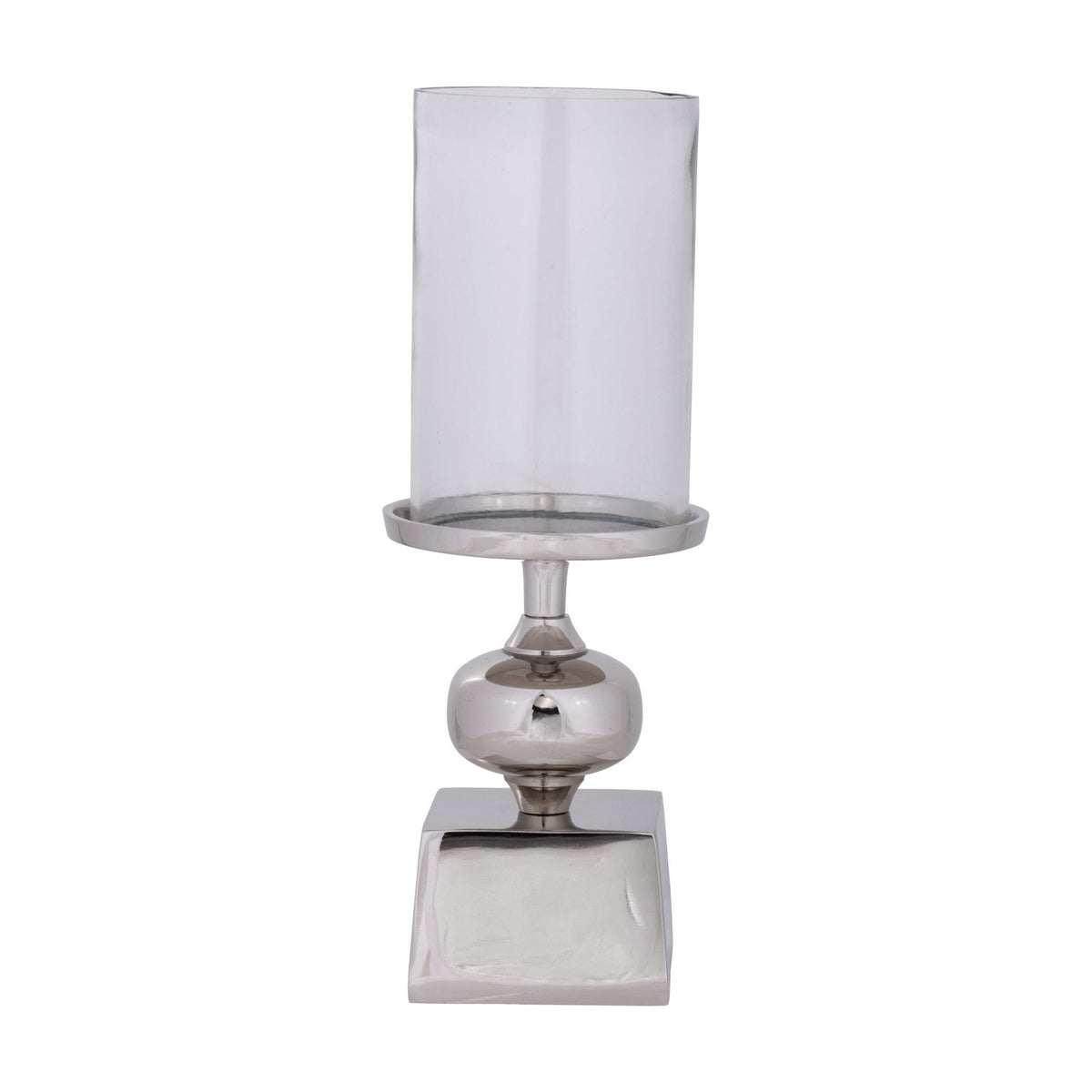 Longnah Candle Holder in polished silver aluminium with a square base, bulb-shaped stem, and round dish holding a tall clear glass cylinder, on a plain white background.