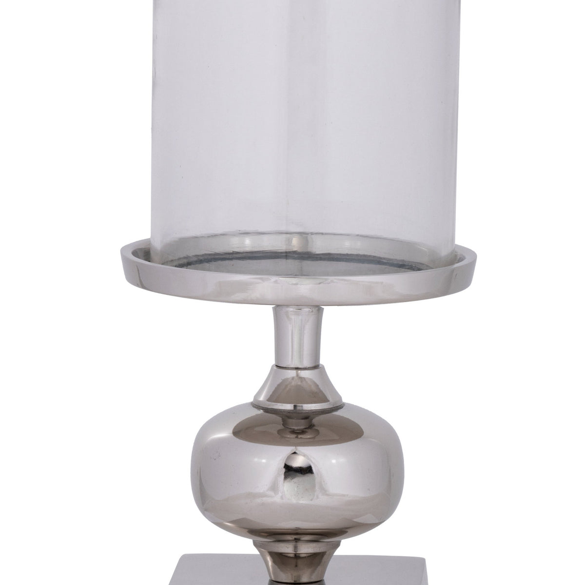 Longnah Candle Holder in polished silver aluminium with a bulb-shaped stem and round dish base, holding a clear glass cylinder, shown on a plain white background.