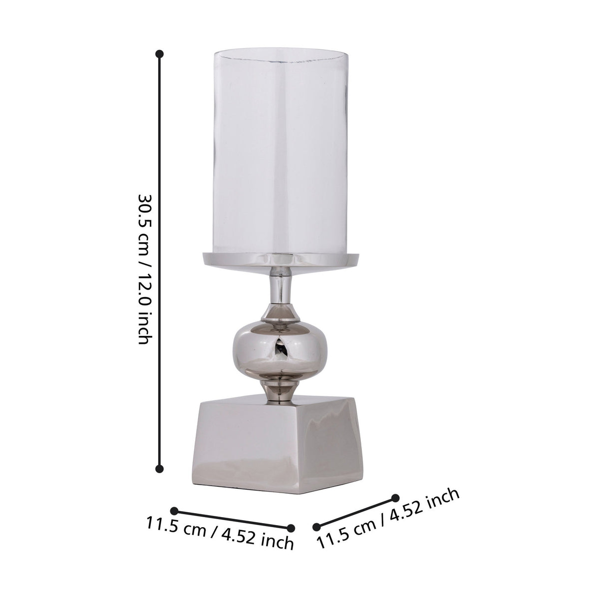 Longnah Candle Holder in polished silver aluminium with a clear glass cylinder, square base and bulb-shaped stem, shown with dimensions on a white background.