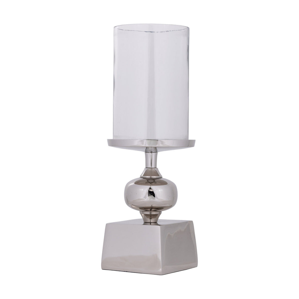 Longnah Candle Holder in polished silver aluminium with a square base, bulb-shaped stem, and clear glass cylinder, shown on a plain white background.