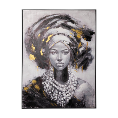 Longoza Wall Art, a framed portrait painting of a woman in a headwrap and layered bead necklace, rendered in black, white and grey with gold accents, in a slim black frame on a white background.