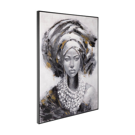 Longoza framed canvas wall art featuring a hand-painted portrait of a woman in a headwrap and beaded necklace, black, white and gold tones, slim black frame, shown at an angle on white background.