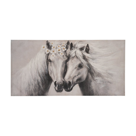 Longoza Wall Art: grey and white landscape canvas painting of two white horses nuzzling, flowing manes, white flowers with golden centres on one forelock, pale warm grey background.