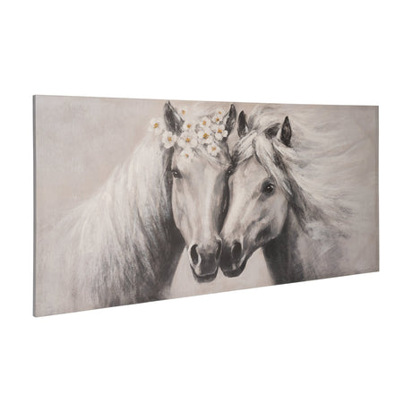 Longoza Wall Art - Grey & White, a hand-painted canvas of two white horses nuzzling head to head, manes flowing, with white flowers in one horse's forelock, set on a pale grey background.