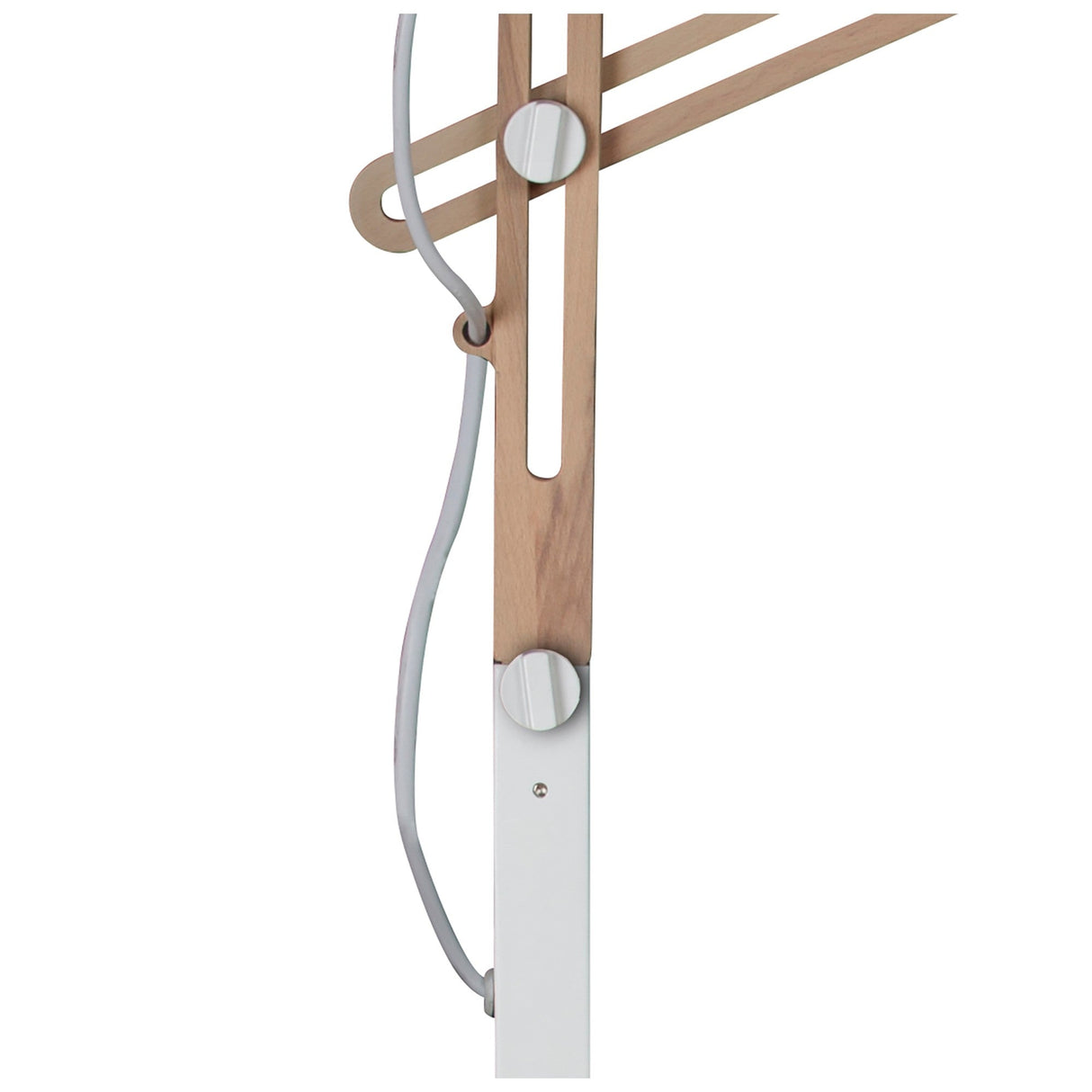 Close-up of the Looker 1 Light Wood Floor Lamp in Matt White, featuring adjustable wooden arms, a white base, silver knobs, and a visible gray cord for a minimalist Scandinavian-inspired look.