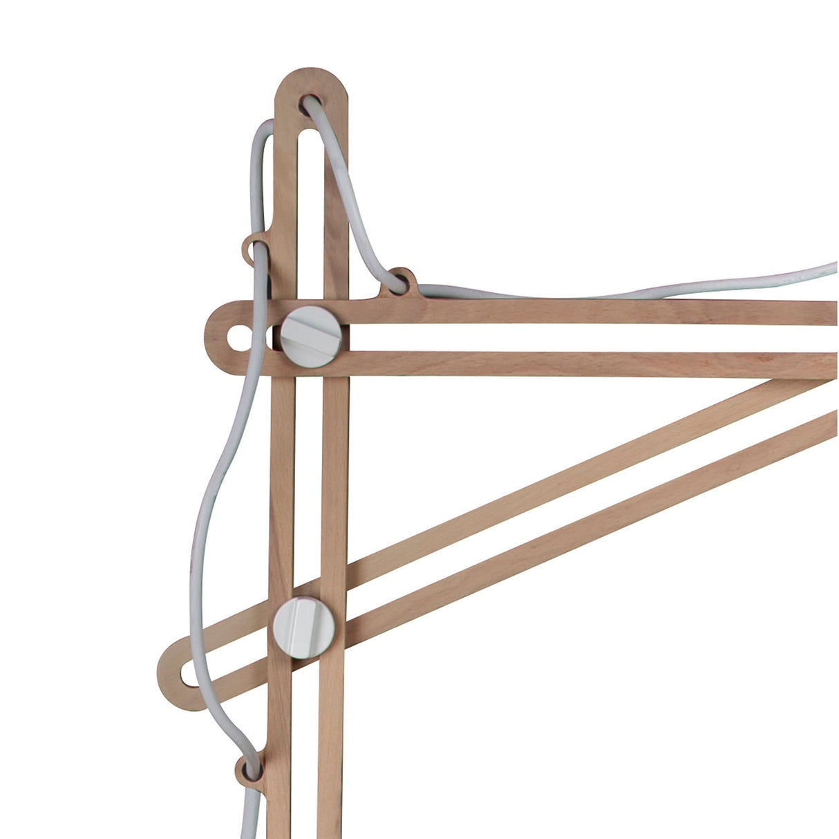 Close-up of the Looker 1 Light Wood Floor Lamp in matt white, showing Scandinavian-inspired light wood rods, white cylindrical connectors, and cords threaded through cutouts for a minimalist, geometric adjustable-arm design.