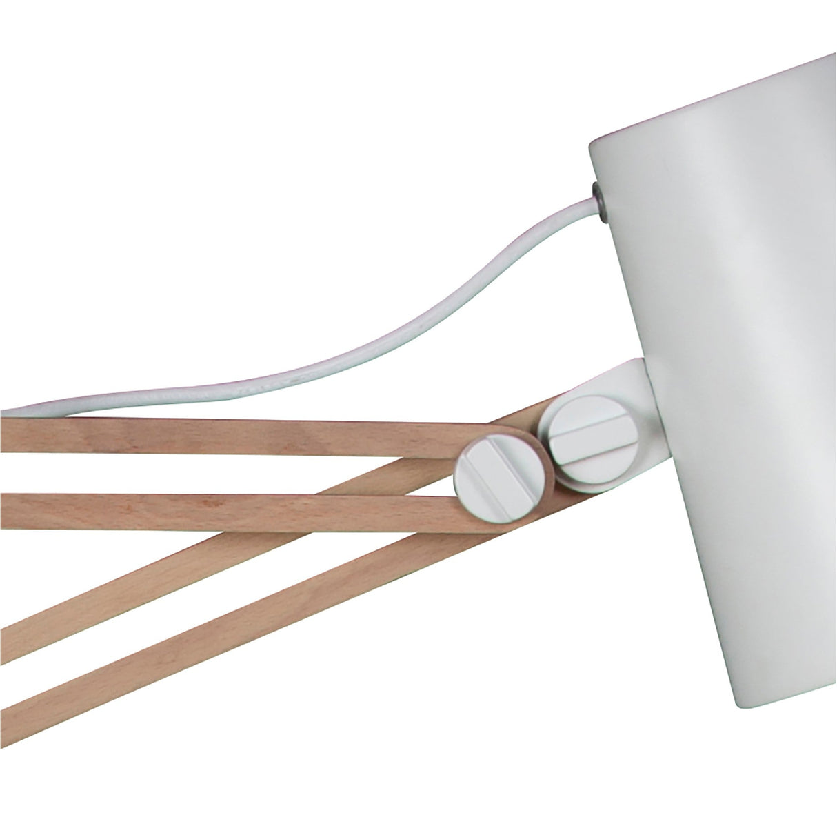 A close-up of the Looker 1 Light Wood Floor Lamp in matt white, featuring a white shade, wooden adjustable arms, and a white power cord—ideal for Scandinavian interiors—shown against a plain white background.