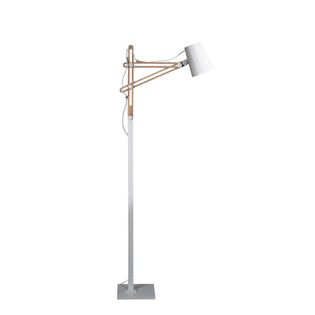 The Looker 1 Light Wood Floor Lamp - Matt White features Scandinavian style with a white base, adjustable wooden arms, a white angled shade, and a visible cord tracing along the arms.