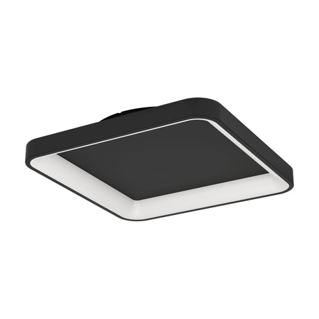 Loretello LED Flush Ceiling Light, 35 x 35cm square fixture in black plastic and steel with rounded corners, a white diffuser ring framing a black centre panel, shown on a plain white background.