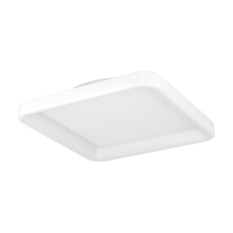 Loretello LED Flush Ceiling Light, 35 x 35cm square fixture in white plastic and steel with rounded corners and a recessed diffuser, shown at an angle on a plain white background.