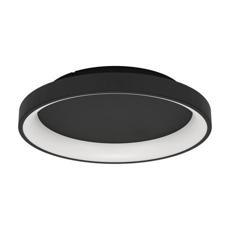 Loretello 35cm LED flush ceiling light in black, round plastic and steel body with a black centre disc framed by a white diffuser ring, shown on a plain white background.