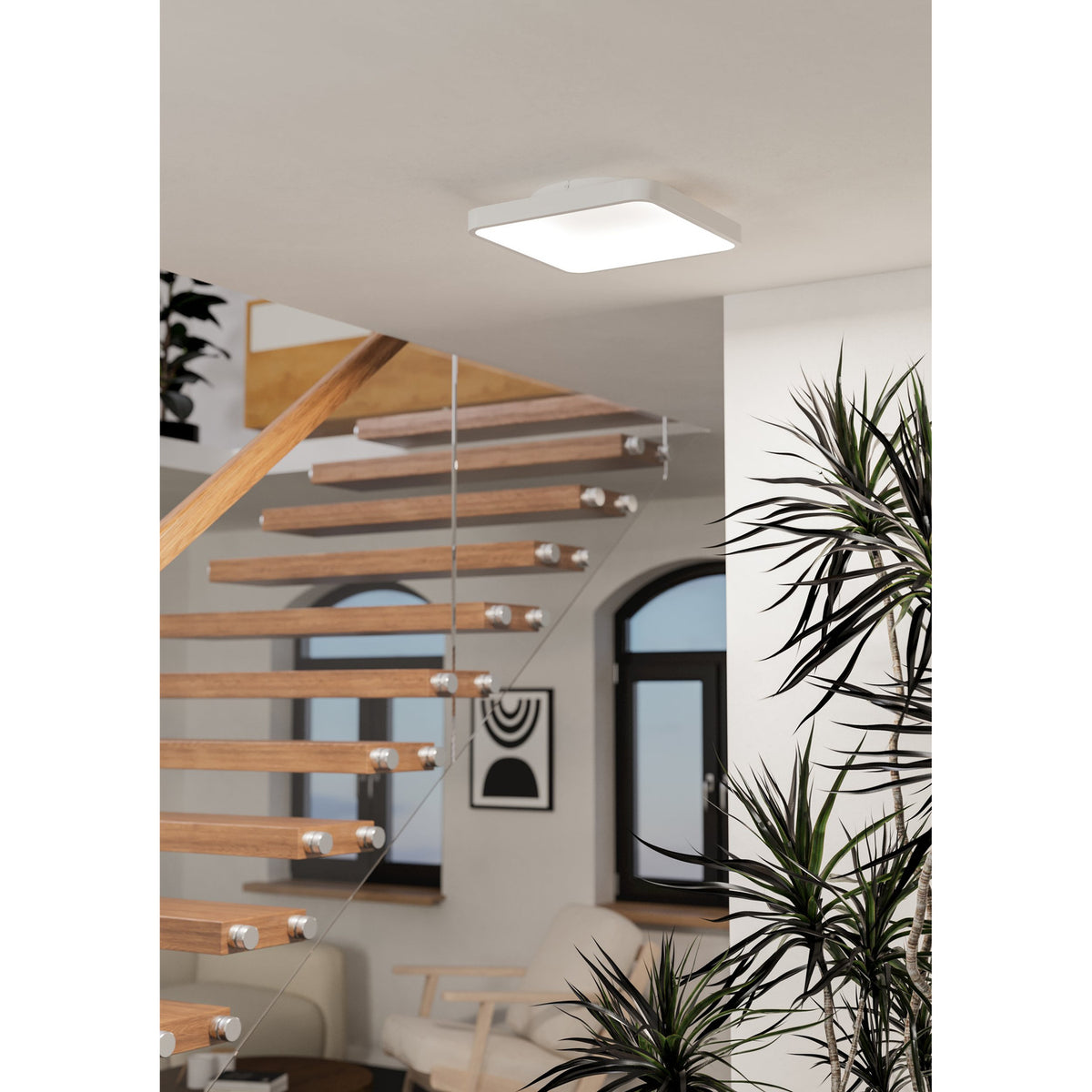 Loretello Smart LED Flush Ceiling Light, a square white 35 x 35cm fixture with rounded corners, shown mounted above a wooden staircase in a bright hallway setting.