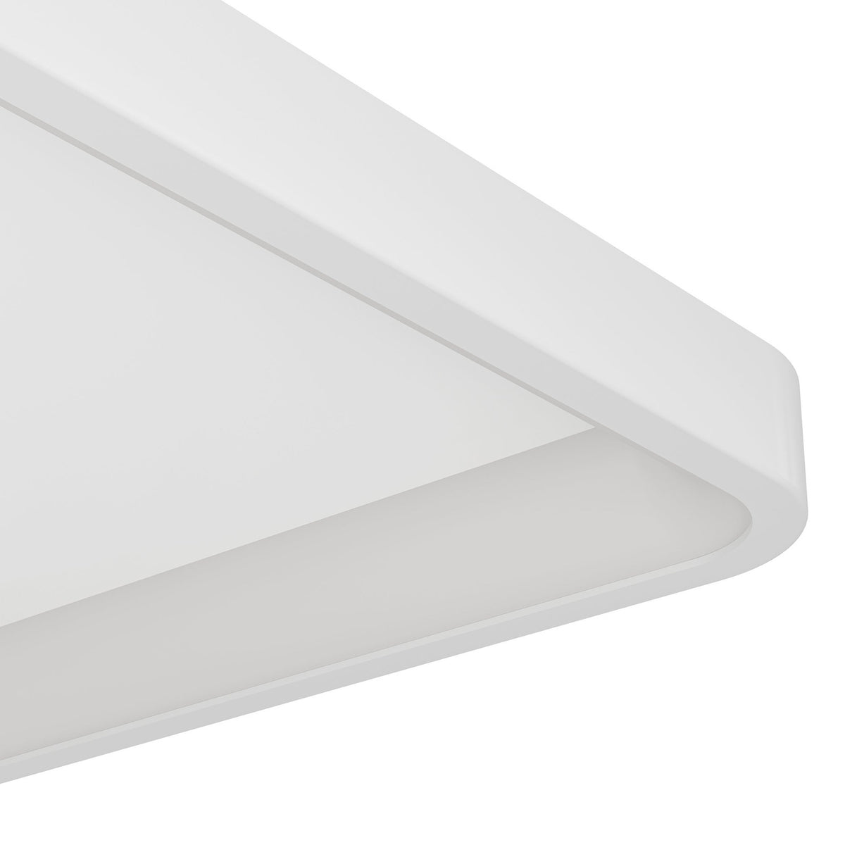 Close-up of the Loretello Smart LED Flush Ceiling Light showing the square white steel frame with rounded corner and recessed white plastic diffuser, shot against a plain white background.